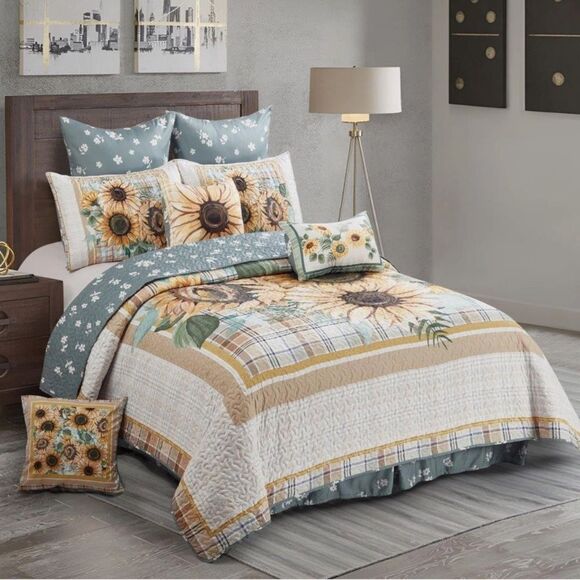 Sunflower Bouquet Printed Lightweight KING Quilt Set Cottagecore Farmhouse - Picture 1 of 5